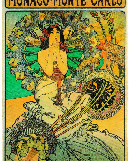 Monaco Monte-Carlo. Affiche d’Alfons Mucha dans la série des Affiches artistiques de la revue " La Plume", 1899. Reproduction en carte postale contemporaine par les éditions SDAC, Paris. Format 11,5 x 14 cm. 