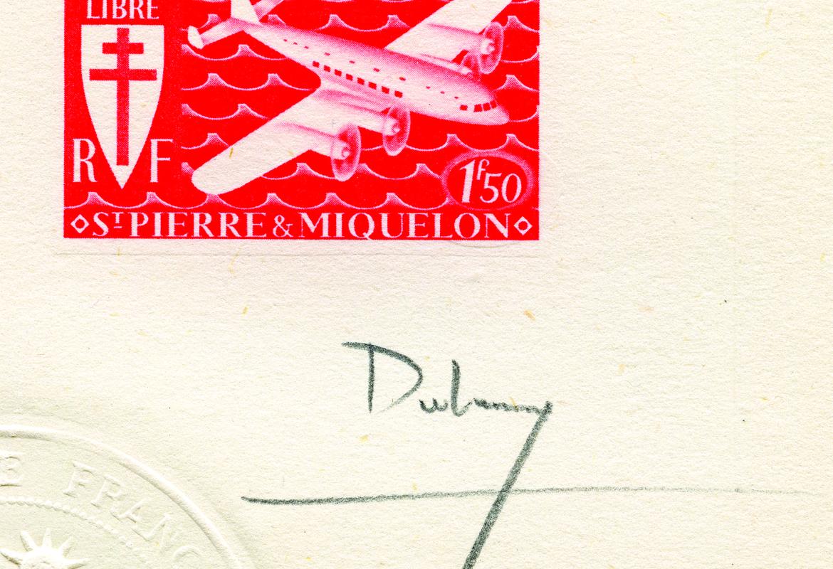Epreuve de luxe du 1,50 f de Saint-Pierre-et-Miquelon signée de Dulac (détail).