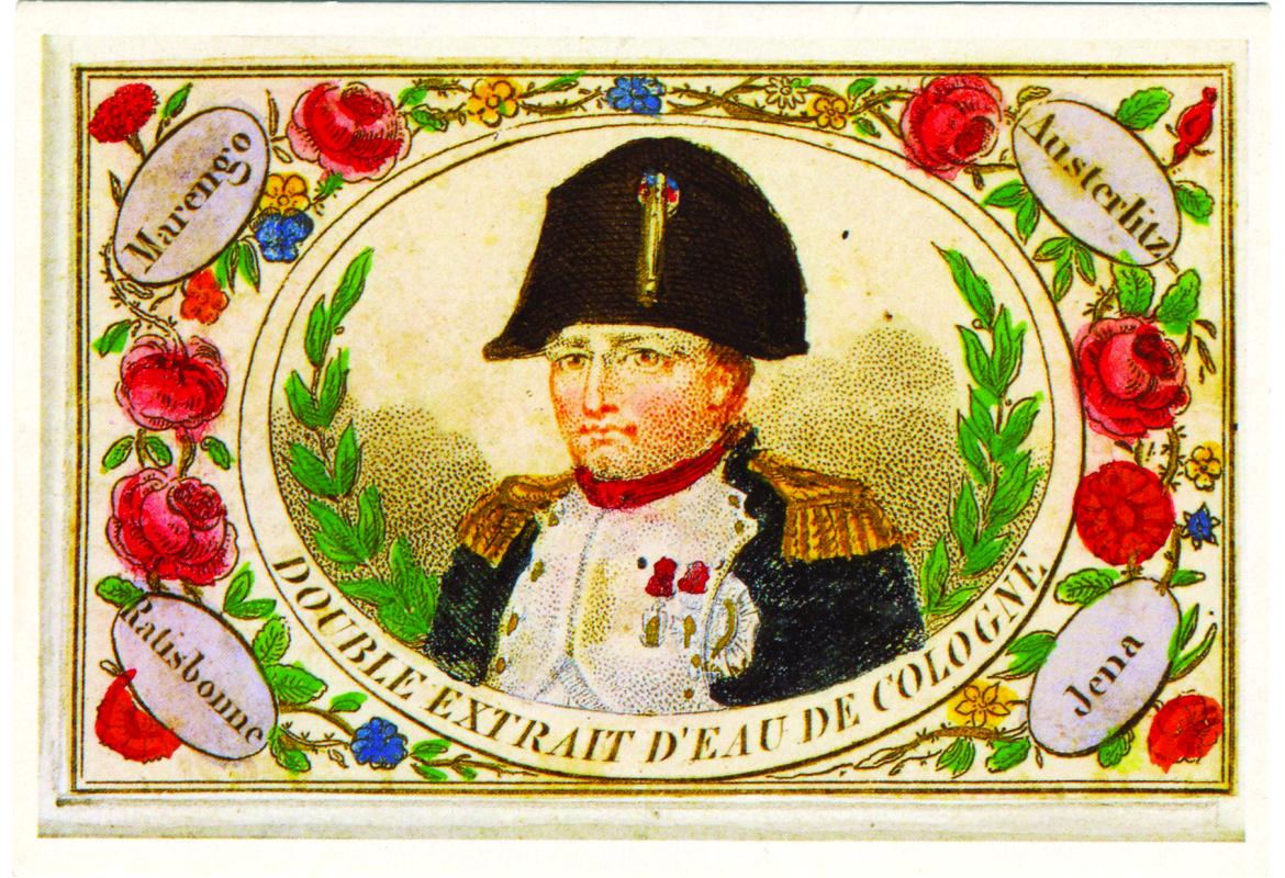Double extrait d’eau de Cologne des établissements Dunant de Grasse. Carte postale d'après une étiquette de 1834 (Editions des Amis de la Bibliothèque Forney 1898). 