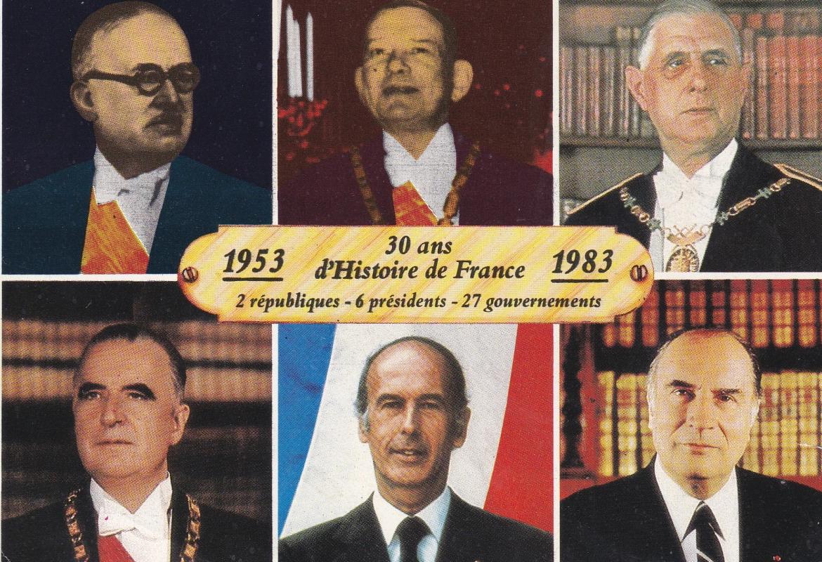 Trente ans d'Histoire de France : "1953-1983", 2 Républiques, 6 Présidents : Vincent Auriol, René Coty, Charles De Gaulle, Georges Pompidou, Valéry Giscard d'Estaing, François ! Mitterrand (Journal "L'Express", 30ème anniversaire. Documentation Française. Photos : Jean-Marie Marcel, François Pages, Paris-Match, Jacques Henri Lartigue, Gisèle Freund).