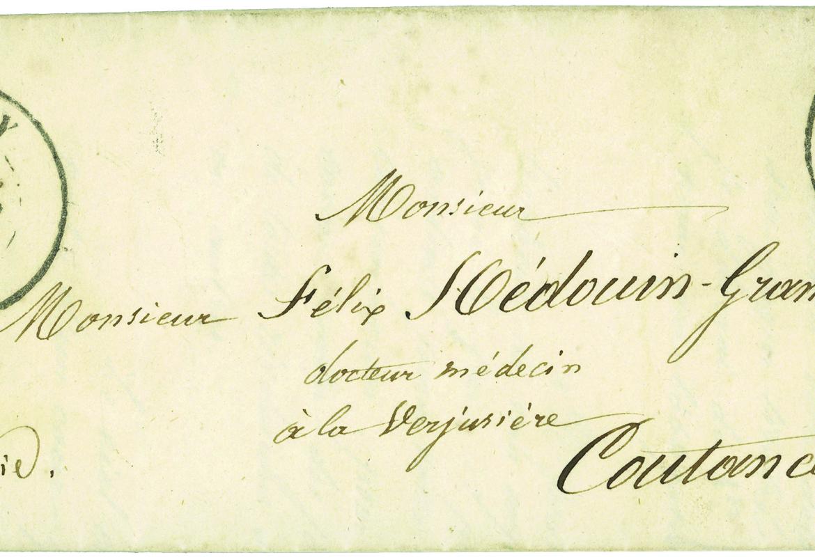 Le timbre à date de Gavray a été apposé deux fois : sur le timbre, pour l’annuler, à la date du 31 décembre 1848 et sur le côté gauche de la lettre à la date du 1er janvier 1849, jour de son expédition.