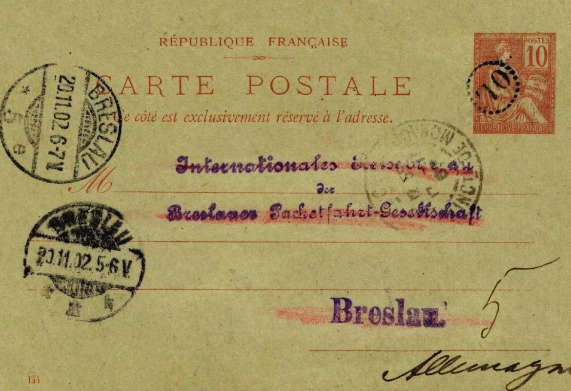 Carte de Monte-Carlo Supérieur avec date «144», oblitérée du 17 novembre 1902 pour Breslau (Allemagne) où elle arrive le 20.