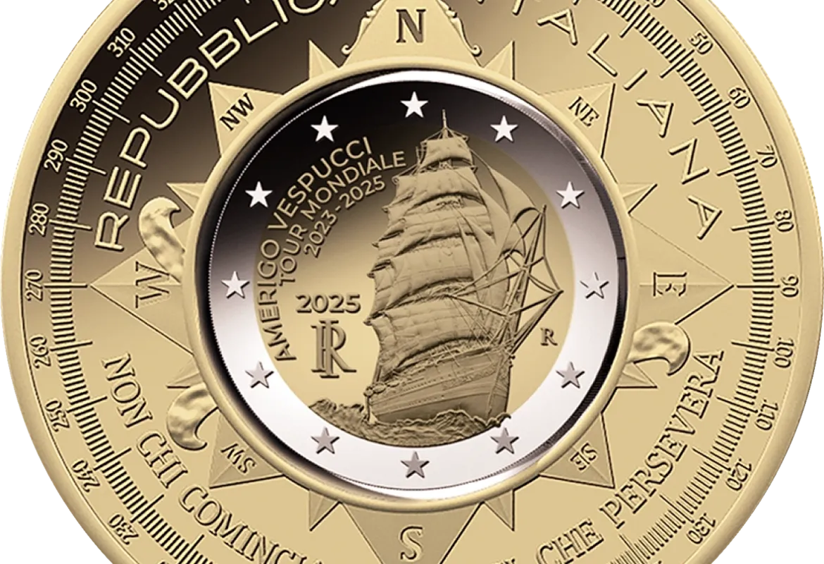 Italie 2025, monnaies de 2 et 10 euros navire Amerigo Vespucci ©IPZS