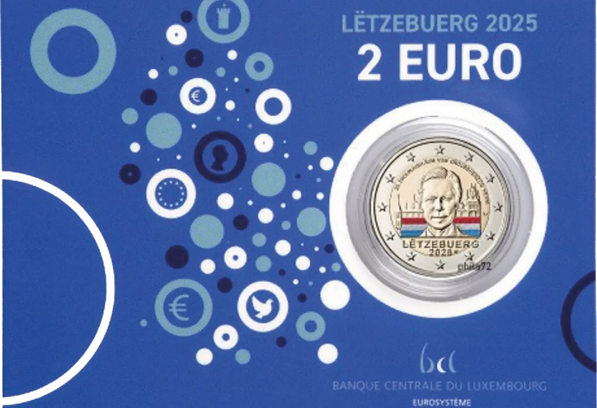 Luxembourg 2025, monnaies de 2 euros 25 ans de l'accession au trône du Grand-Duc Henri et coincard colorisée © Banque centrale du Luxembourg.