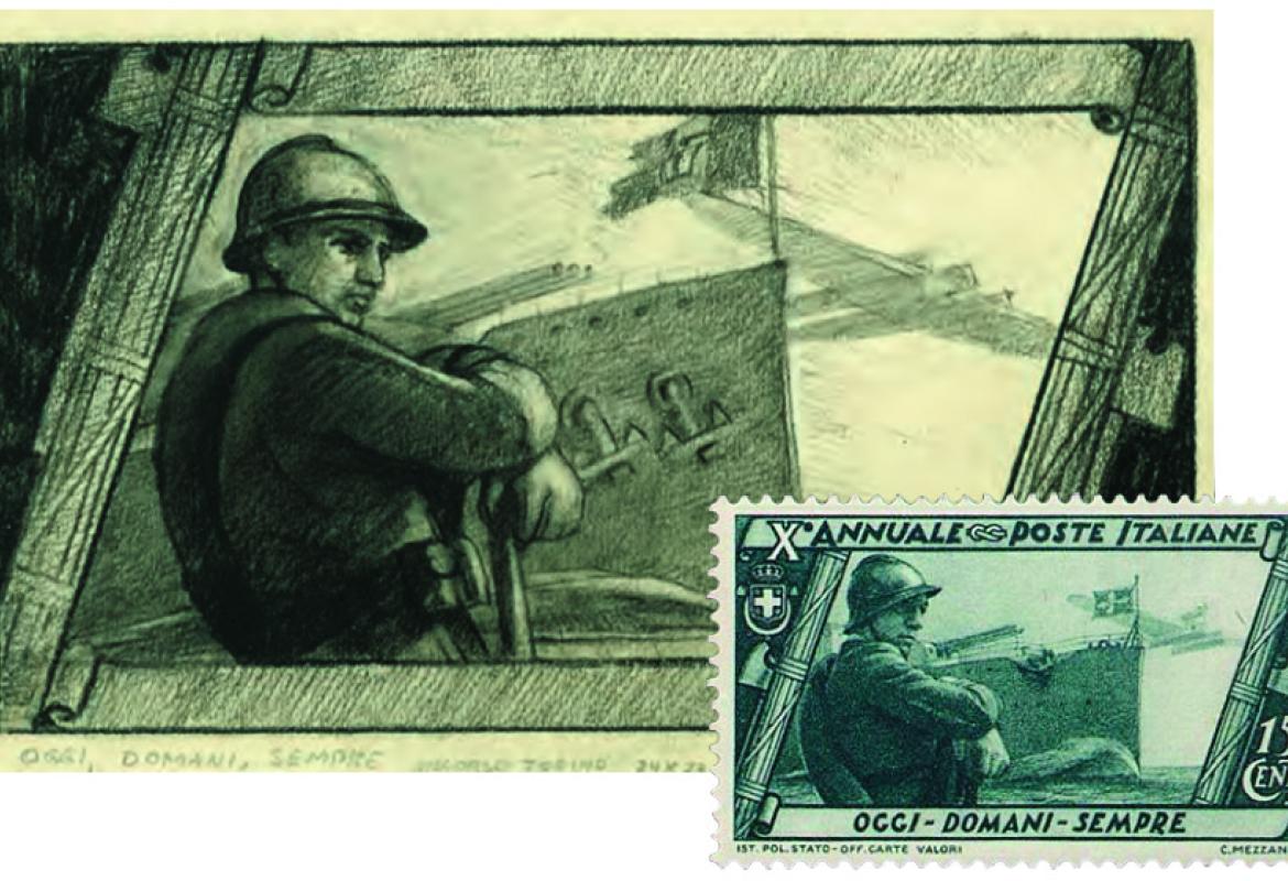 6. Une des vignettes consacrées aux forces armées : le timbre définitif est très fidèle au dessin original de Mezzana, à quelques petits détails près (une ancre au lieu de deux, le pavillon plus visible). La devise se traduit : « aujourd’hui – demain – toujours ».