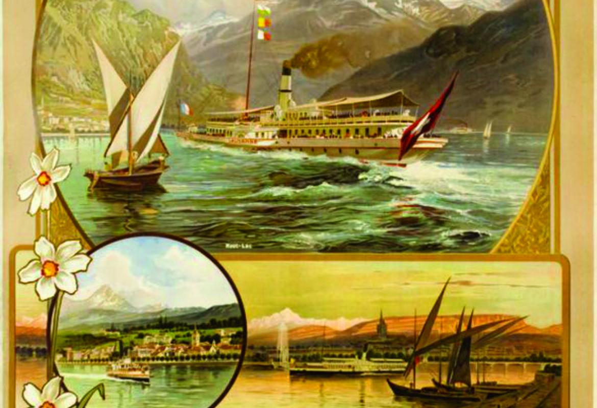 Carte postale illustrée (reproduction récente d’une affiche de 1904) de la Compagnie de navigation sur le Léman, avec un bateau « Belle Epoque » passant à côté d’une fameuse « barque du Léman » (sur le Haut-Lac). Au milieu, vues d’Evian et de Genève, et en bas vue de Lausanne-Ouchy. Au loin, on aperçoit les Dents du Midi. En bas à droite est reproduit un horaire des courses.