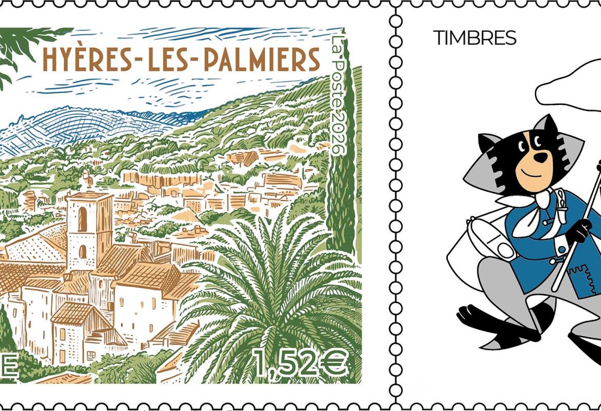 timbre Hyères-les-Palmiers, © création et gravure Nicolas Bical d'après photo : "La vieille ville de Hyères" © Franck Prignet / Figarophoto, création de la vignette Frédéric Hamet 