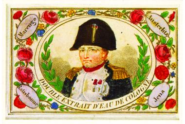 Double extrait d’eau de Cologne des établissements Dunant de Grasse. Carte postale d'après une étiquette de 1834 (Editions des Amis de la Bibliothèque Forney 1898). 